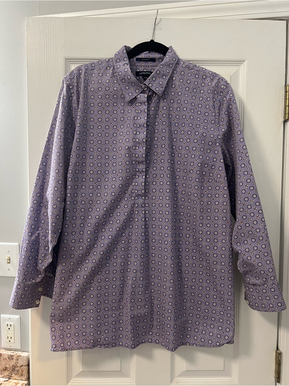 LANDS END Non Iron Tunic Top Blouse Purple Medallion Print Popover Women 22W